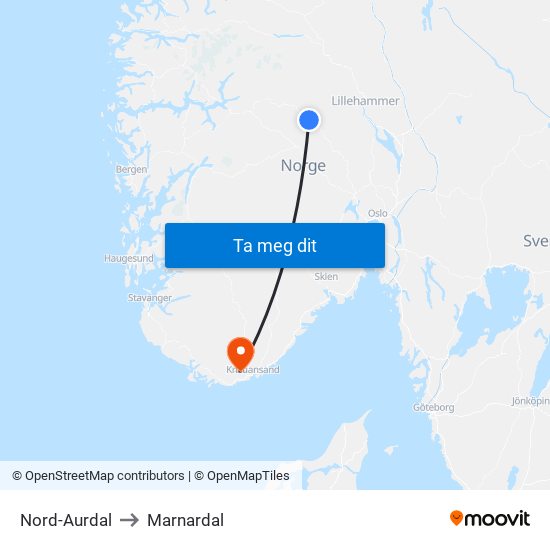Nord-Aurdal to Marnardal map