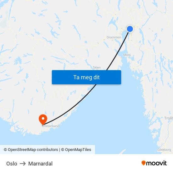 Oslo to Marnardal map
