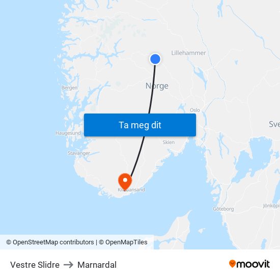 Vestre Slidre to Marnardal map