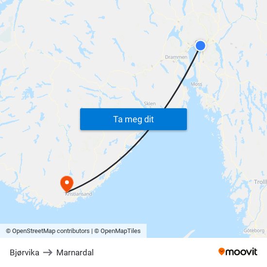 Bjørvika to Marnardal map