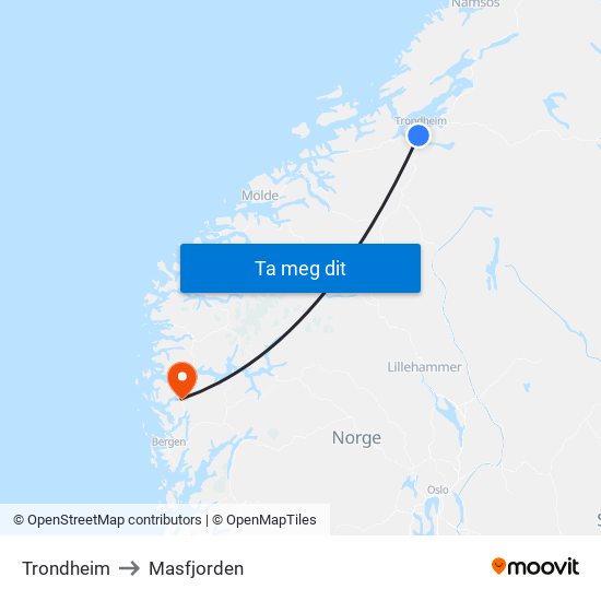 Trondheim to Masfjorden map
