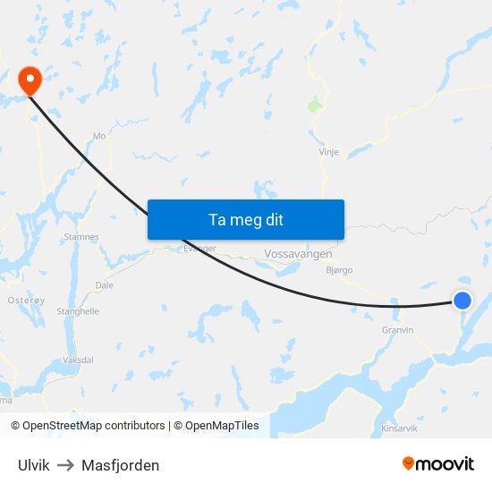 Ulvik to Masfjorden map