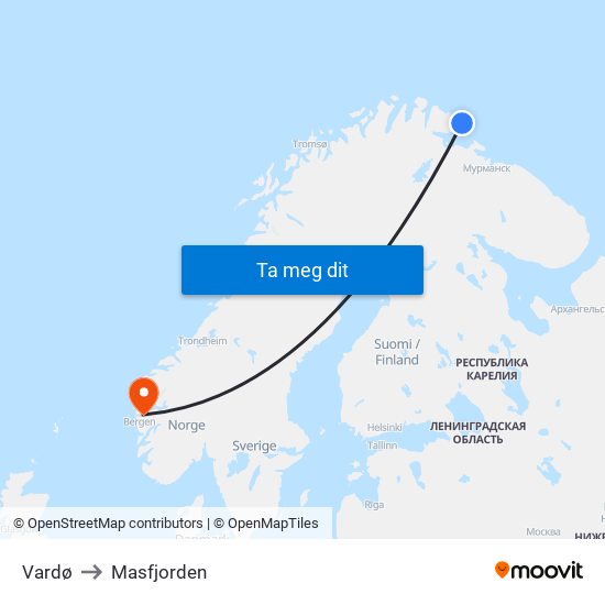 Vardø to Masfjorden map