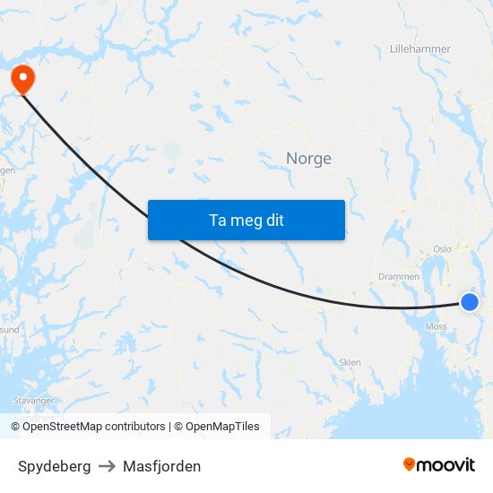 Spydeberg to Masfjorden map