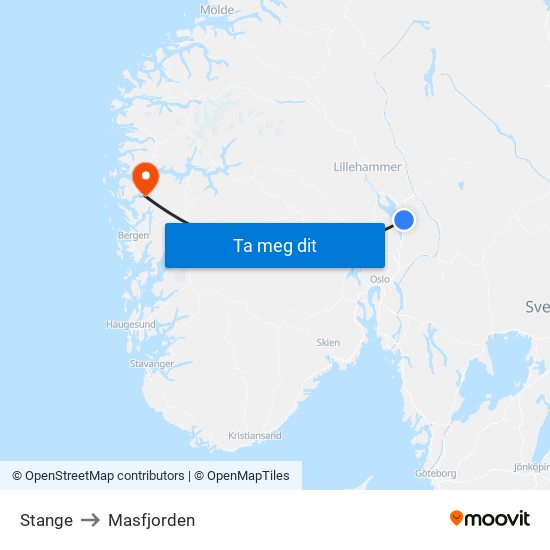 Stange to Masfjorden map