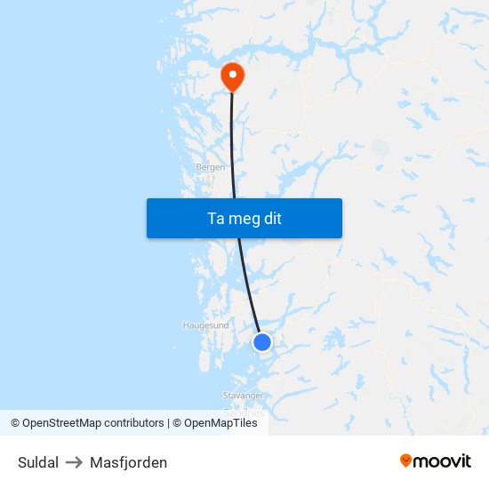 Suldal to Masfjorden map