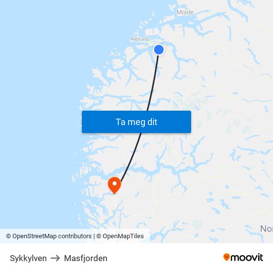 Sykkylven to Masfjorden map