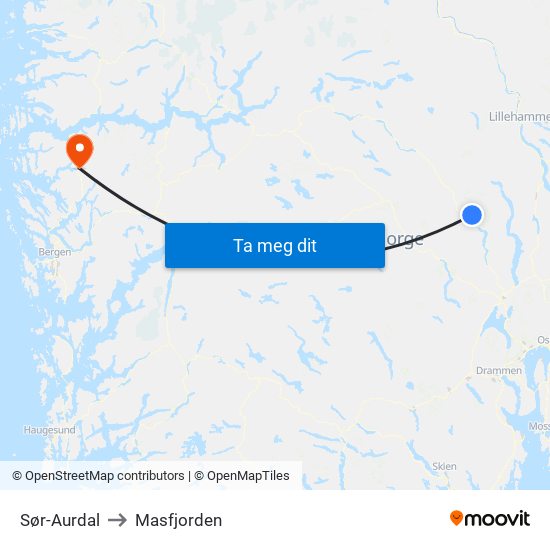 Sør-Aurdal to Masfjorden map