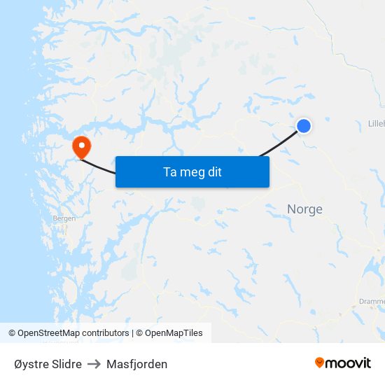 Øystre Slidre to Masfjorden map