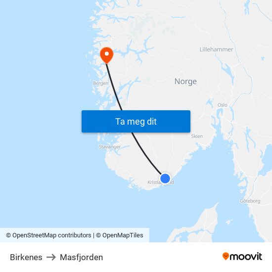 Birkenes to Masfjorden map