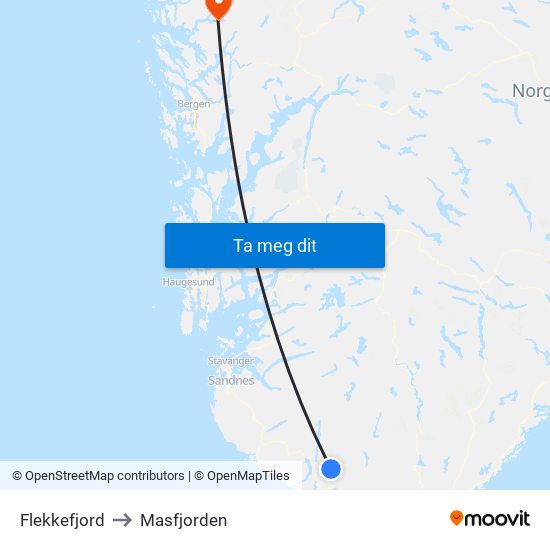 Flekkefjord to Masfjorden map