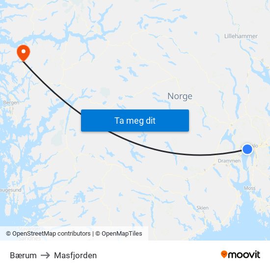 Bærum to Masfjorden map