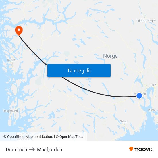 Drammen to Masfjorden map