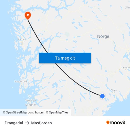 Drangedal to Masfjorden map