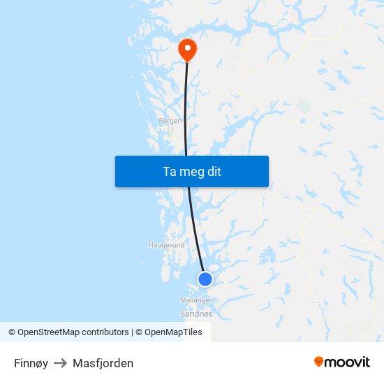 Finnøy to Masfjorden map