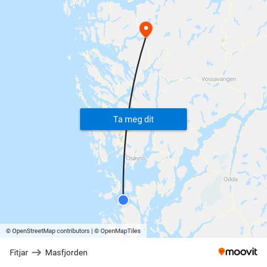 Fitjar to Masfjorden map