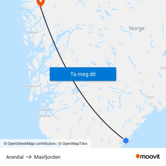 Arendal to Masfjorden map