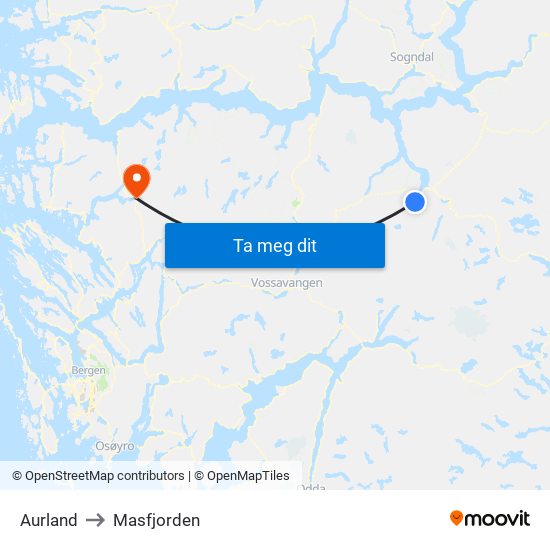 Aurland to Masfjorden map