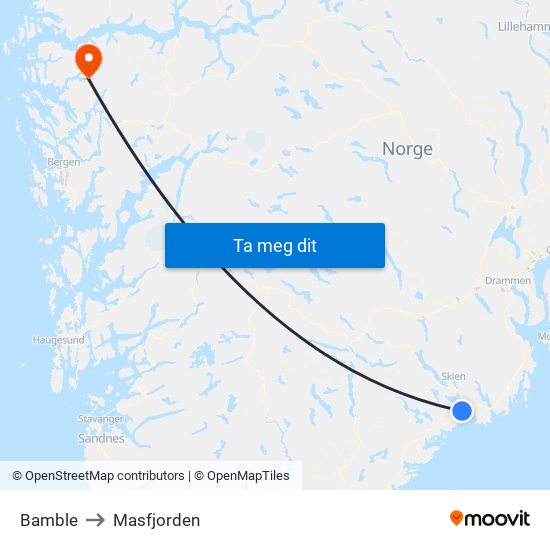 Bamble to Masfjorden map