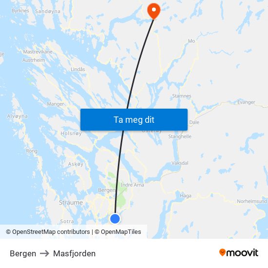 Bergen to Masfjorden map