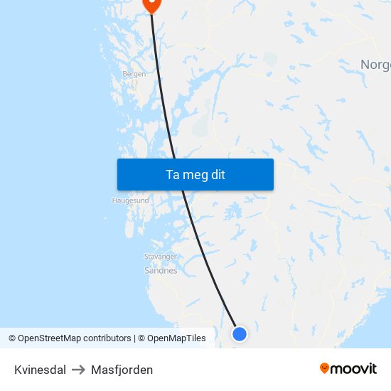 Kvinesdal to Masfjorden map