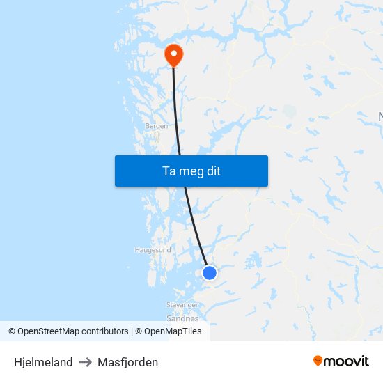 Hjelmeland to Masfjorden map