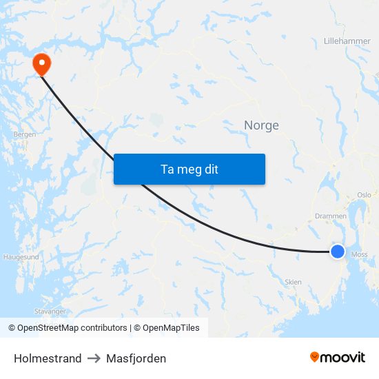 Holmestrand to Masfjorden map