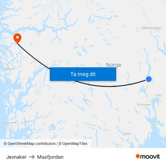 Jevnaker to Masfjorden map