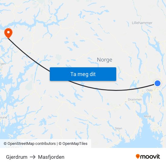 Gjerdrum to Masfjorden map