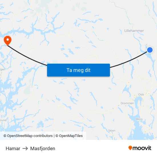 Hamar to Masfjorden map