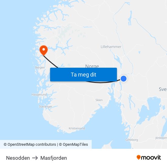 Nesodden to Masfjorden map