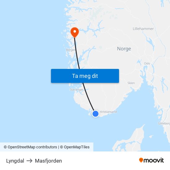 Lyngdal to Masfjorden map