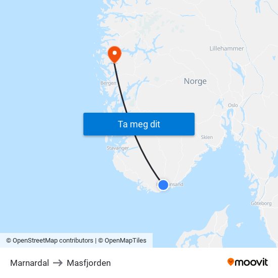 Marnardal to Masfjorden map