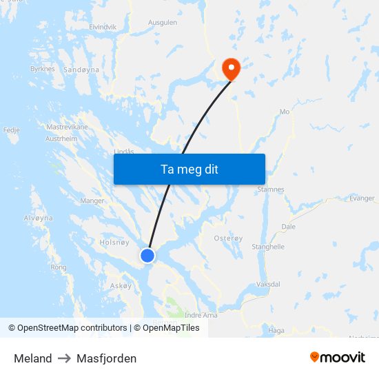 Meland to Masfjorden map