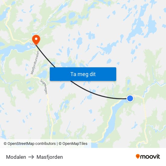 Modalen to Masfjorden map