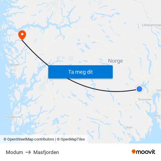 Modum to Masfjorden map