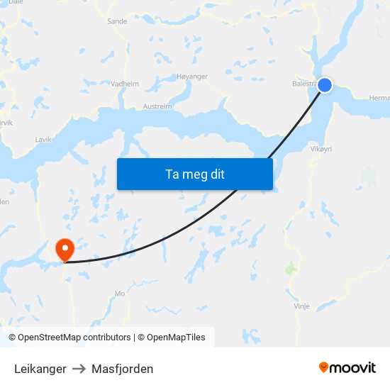 Leikanger to Masfjorden map