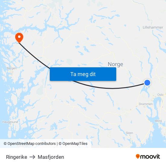 Ringerike to Masfjorden map