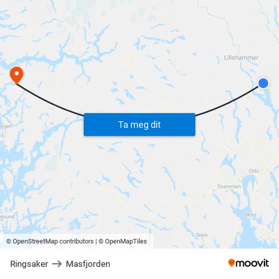 Ringsaker to Masfjorden map