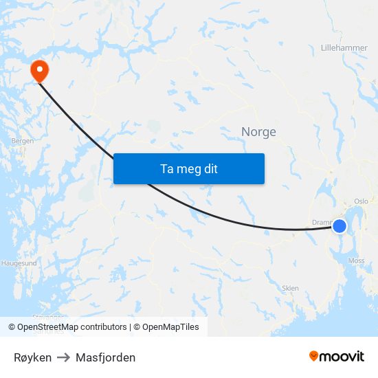 Røyken to Masfjorden map