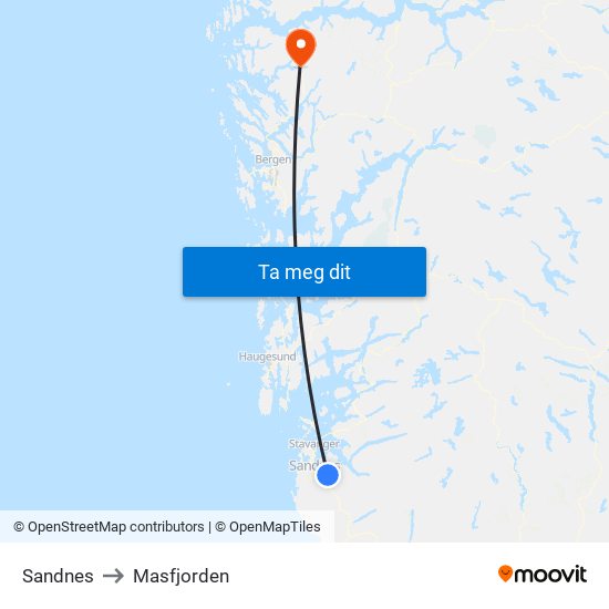 Sandnes to Masfjorden map