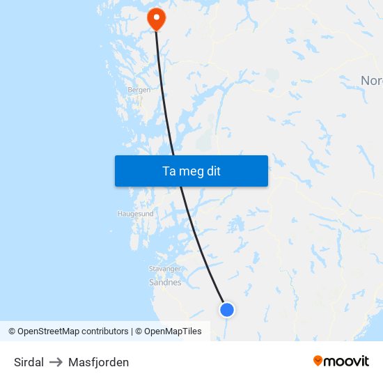 Sirdal to Masfjorden map