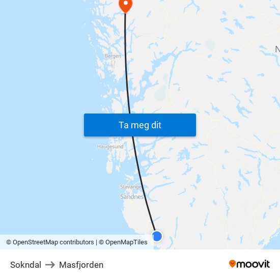 Sokndal to Masfjorden map