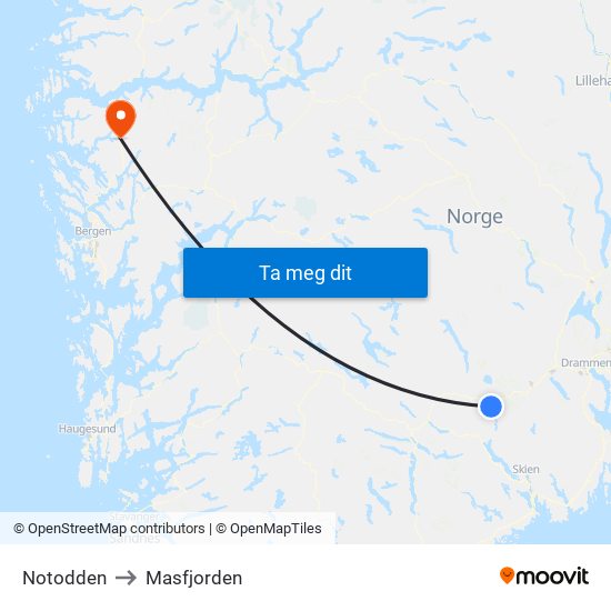 Notodden to Masfjorden map