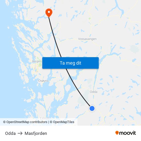 Odda to Masfjorden map