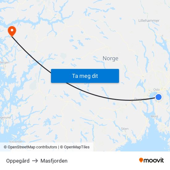 Oppegård to Masfjorden map