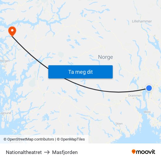 Nationaltheatret to Masfjorden map