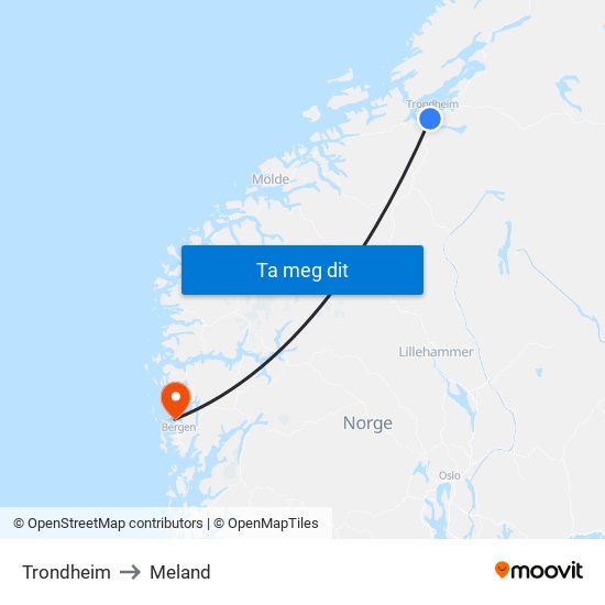 Trondheim to Meland map