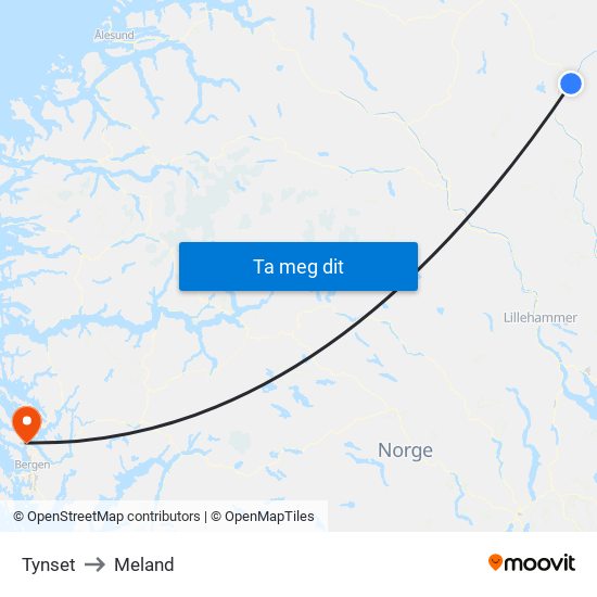 Tynset to Meland map