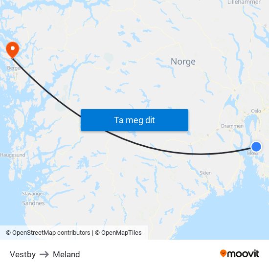 Vestby to Meland map